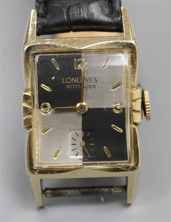 A gentlemans 1940s Art Deco 10k gold filled Longines Wittnauer manual wind wrist watch